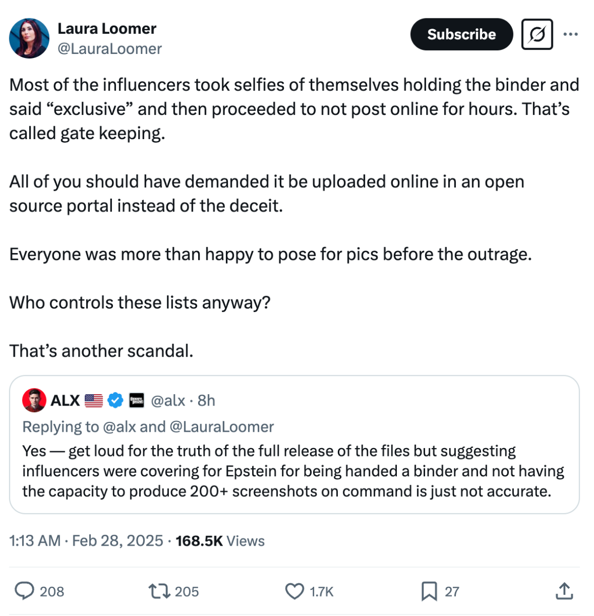 Laura Loomer post on Jeffrey Epstein files